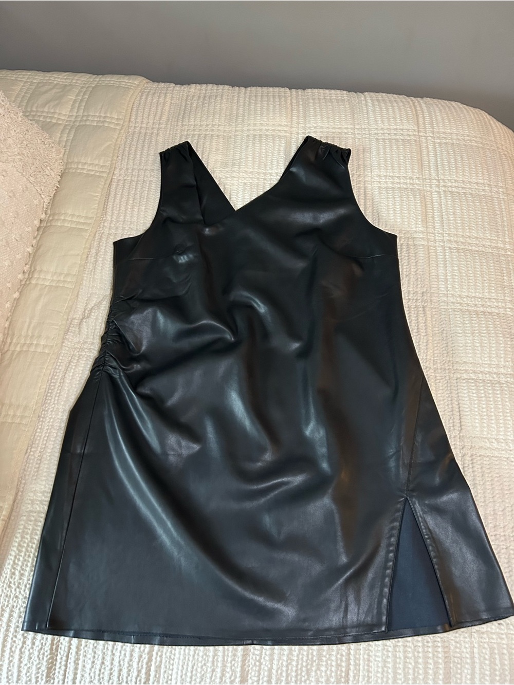 Ashley Graham Black Faux Leather Asymmetrical Neck Mini Dress